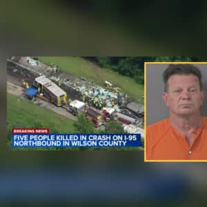 Five people were killed in a crash involving two passenger cars and two tractor-trailers on I-95 North. CREDIT: WTVD-ABC 11