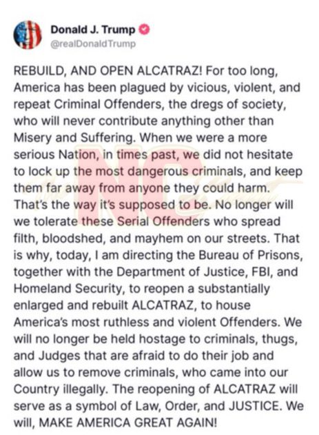 Trump Truth Social post announcing the Trump reopen Alcatraz plan as part of his law and order platform.