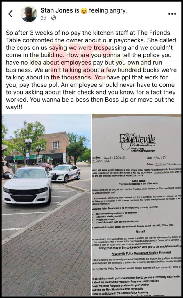 A Saturday, May 10 Facebook post by Stan Jones about The Friends Table refusing to pay employees.