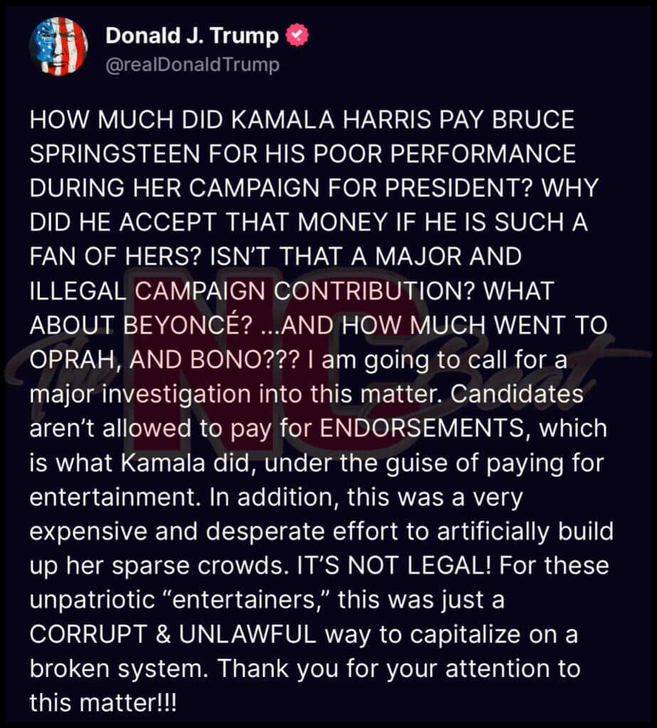 On May 19, 2025, President Donald Trump posted a series of Truth Social messages calling for a "major investigation" into former Vice President Kamala Harris and her campaign.