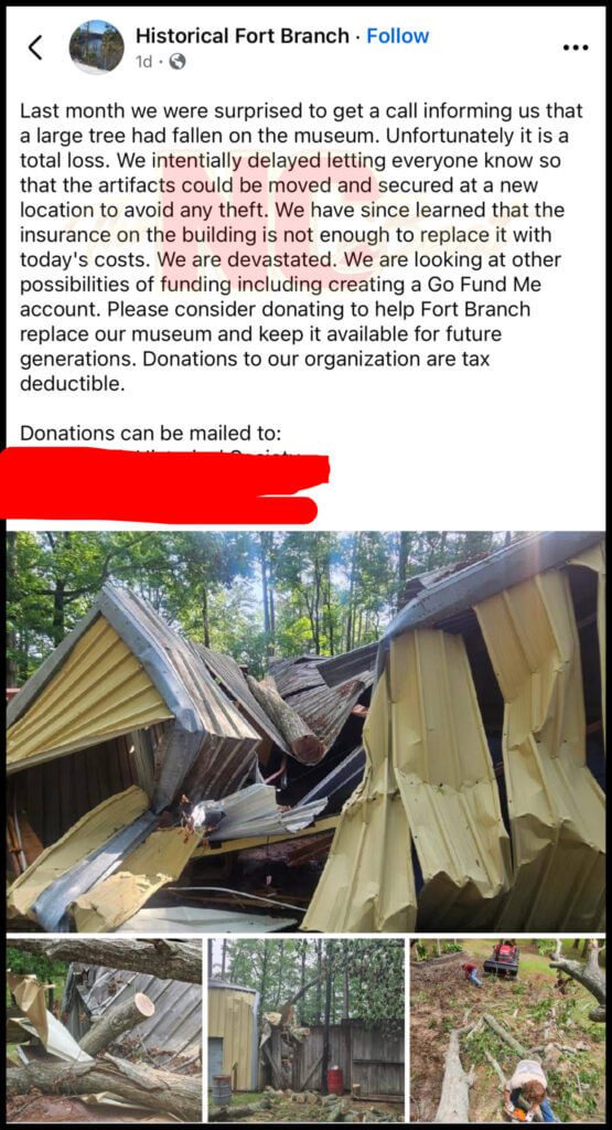 Historical Fort Branch makes social media post about Fort Branch Museum.