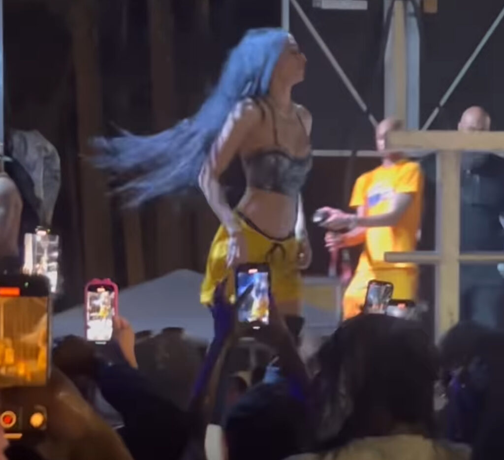 Big Gretch from Baddies Caribbean reacts after DaBaby kicks her off stage at Apple Chill event.