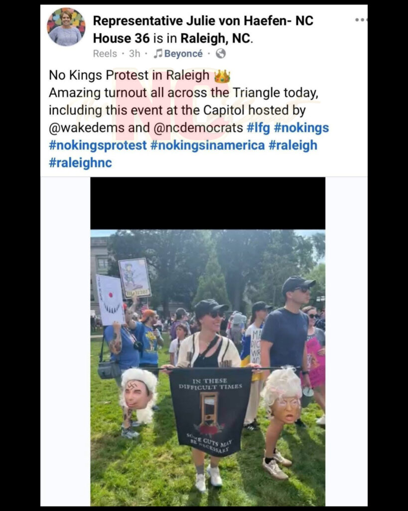 Julie von Haefen shares protest image of Trump’s decapitated head causing political controversy in North Carolina.