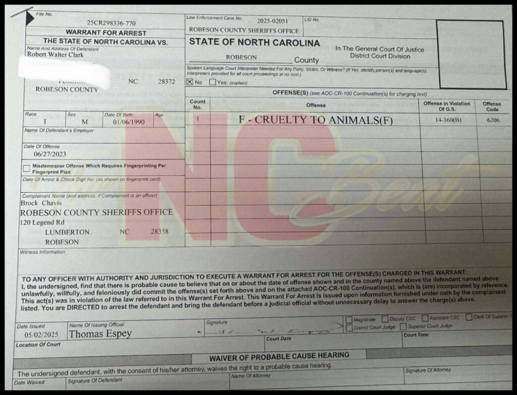 Warrant obtained by The NC Beat