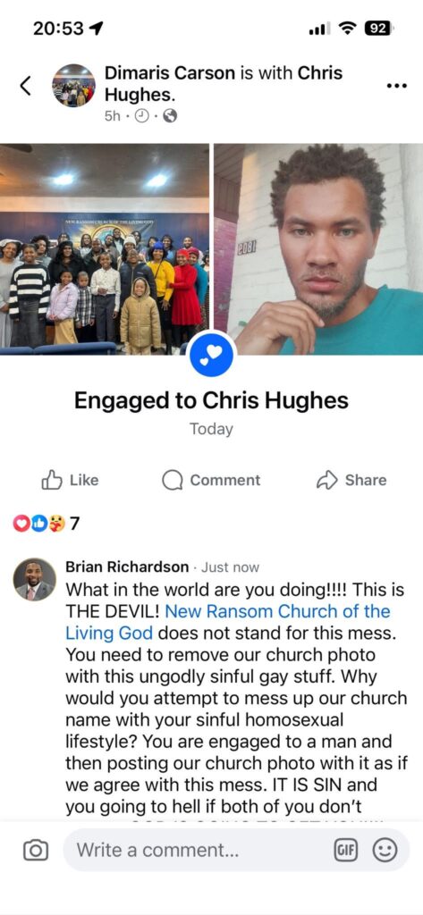 Community reactions to Pastor Brian Richardson homophobic post condemning gay engagement on New Ransom Church Facebook page