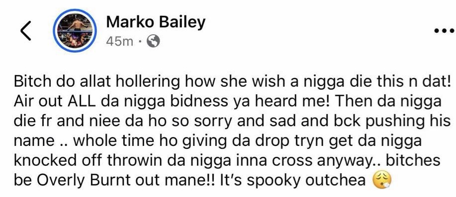 Facebook post by Marko Bailey reacting to the killing of Irease Jeffrey in Durham