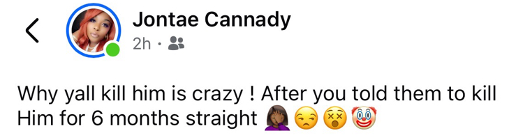 Facebook post by Jontae Cannady discussing Irease Jeffrey’s Durham shooting