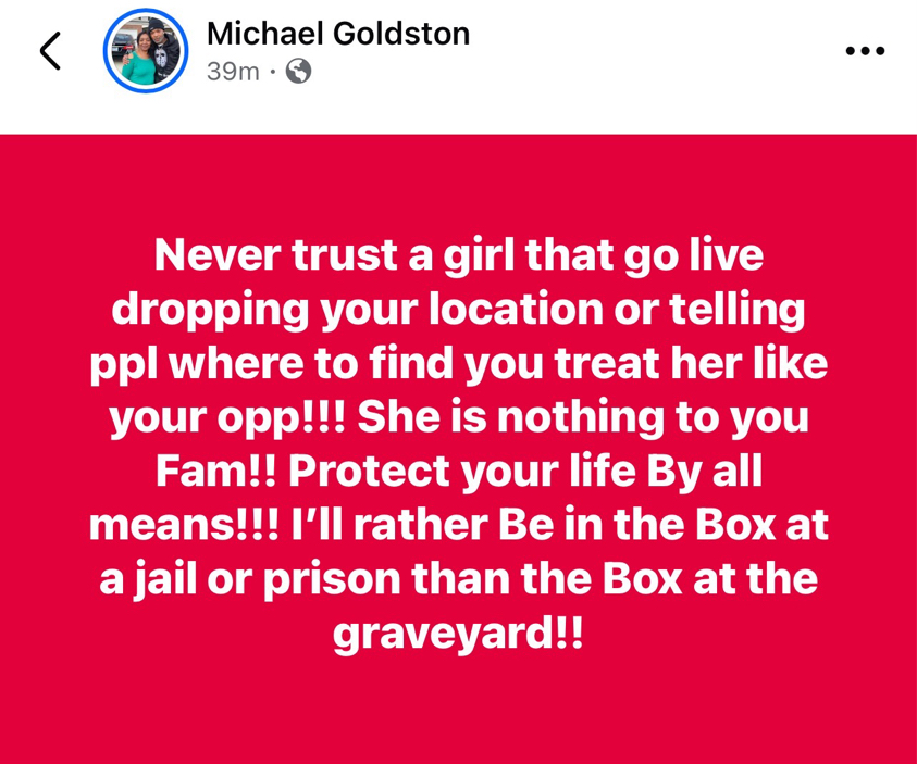 Social media post by Michael Goldston reacting to Irease Jeffrey’s death