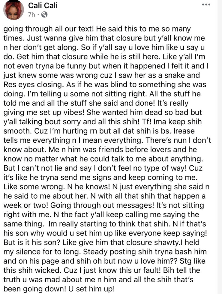 Facebook post by Cali Cali commenting on the death of Irease Jeffrey in Durham