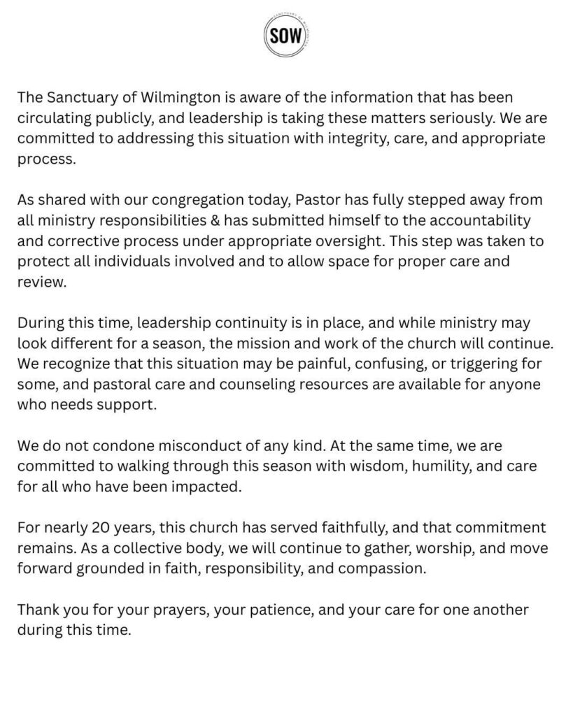 Official statement released by the Sanctuary of Wilmington addressing allegations and leadership changes