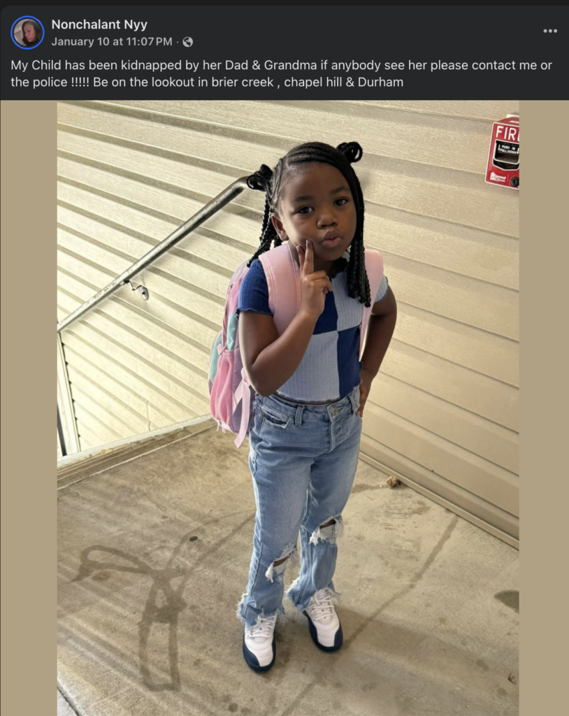 Facebook post claiming 6-year-old child was kidnapped during North Carolina custody dispute