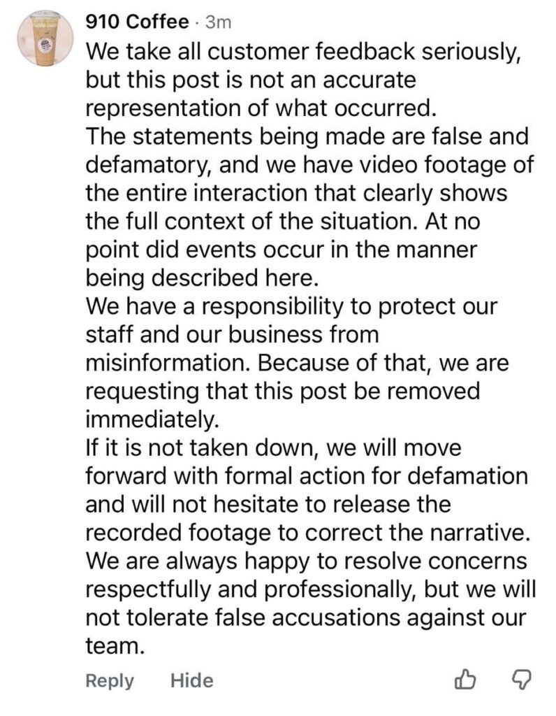 910 coffee co response facebook jacksonville nc