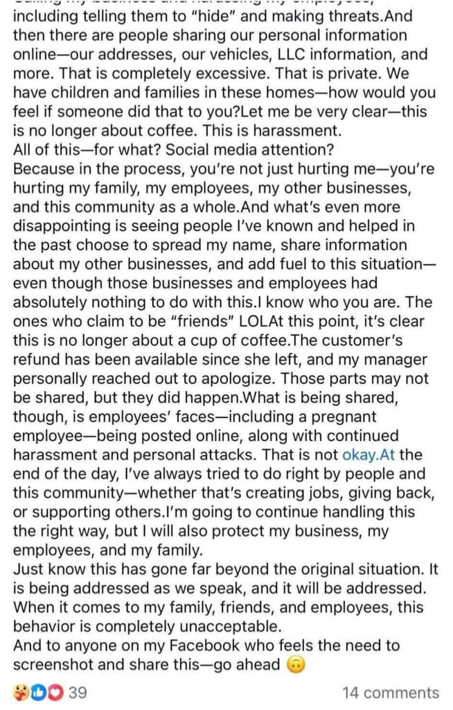 910 coffee co controversy owner full facebook post 2
