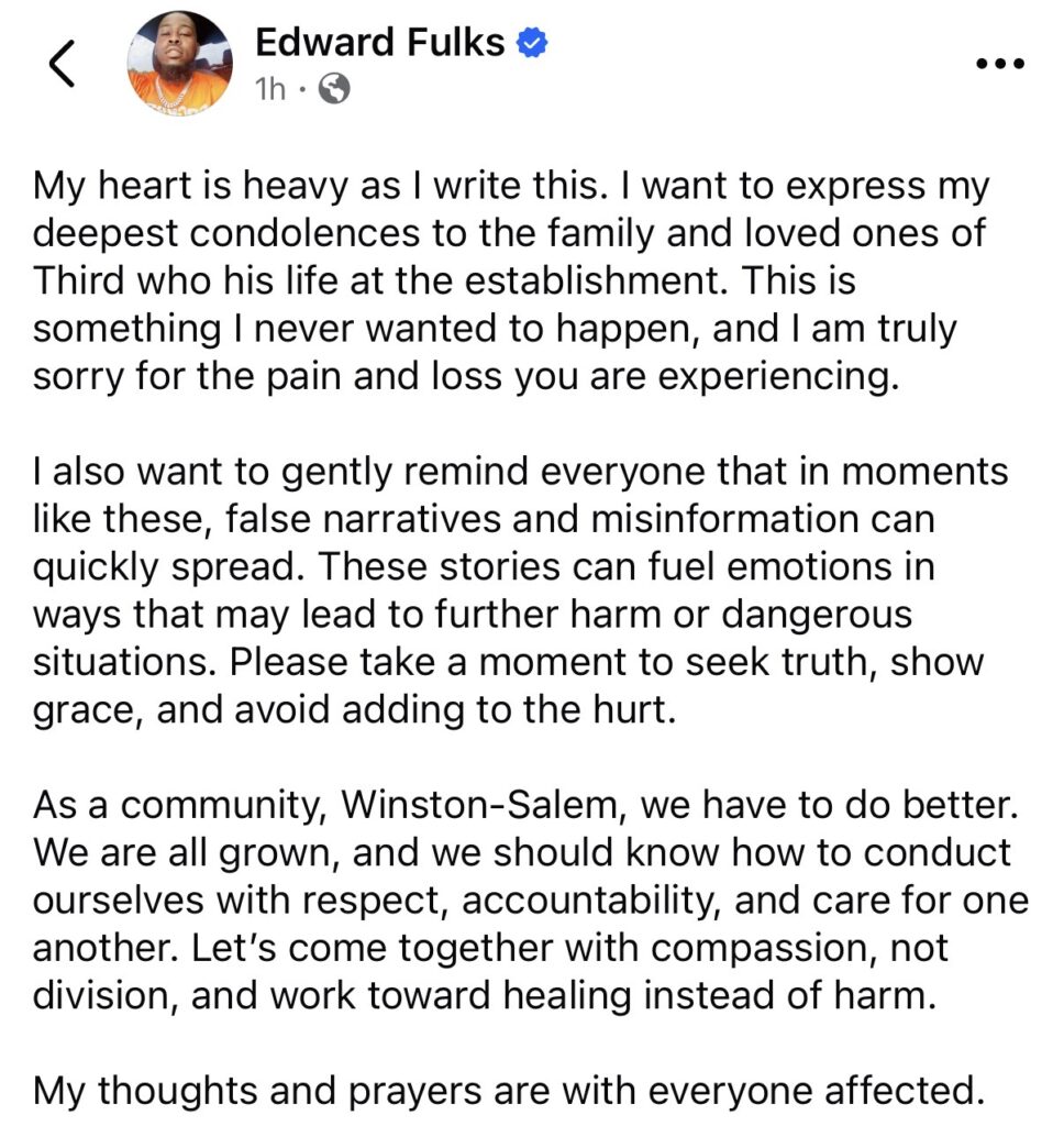 Edward Fulks apology after Quiet Corner sports bar shooting in Winston-Salem