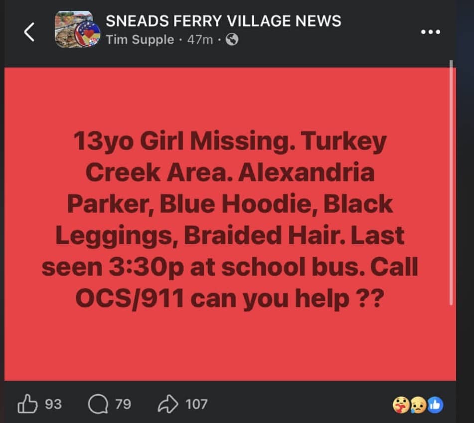 tim supple facebook post alexandria parker missing
