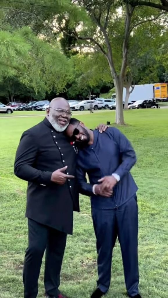 Sean 'Diddy' Combs laying his head on Bishop T.D. Jakes shoulder at Jakes 65th birthday party.