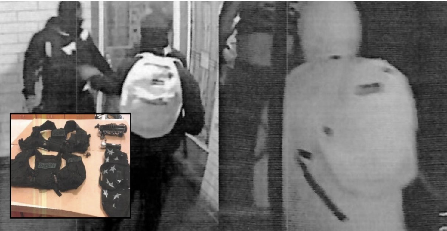 OJ exhibits in the criminal complaint against Darius “Toot” Hudson. Prosecutors say they recognized Hudson by the backpack he carried during the home invasions that spanned from late 2020 to mid-2021./Inset: Sheriff’s vests and other gear used by defendants to commit multiple armed home invasions.