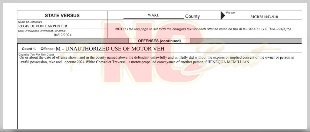 On April 12, 2024, Regis Devon Carpenter was arrested for taking his wife, Shenequa Shantol McMillian's car without her permission. The charge was subsequently dismissed.