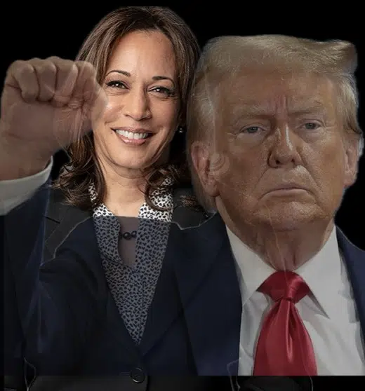 Kamala Harris and Donald Trump in a tight race for the 2024 U.S. Presidential Election, with key battleground states still undecided.