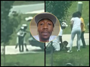 Screenshot from viral video where Liberty NC man punches child near SUV in residential neighborhood.