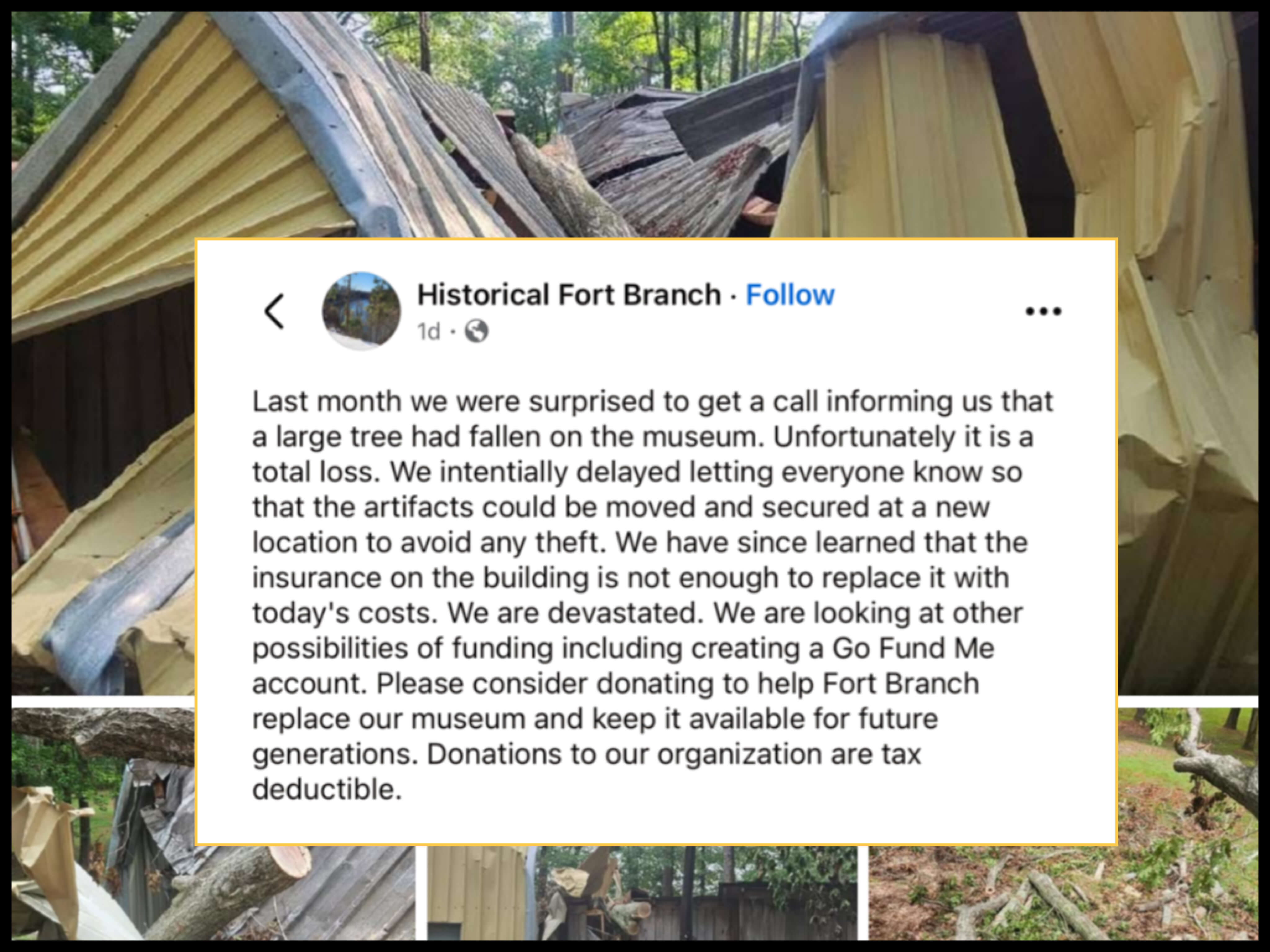 "Fort Branch Museum in Oak City, NC, destroyed by fallen tree – donations requested to rebuild"