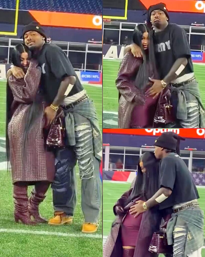 Cardi B and Stefon Diggs at Buffalo Bills game showing visible baby bump announcement