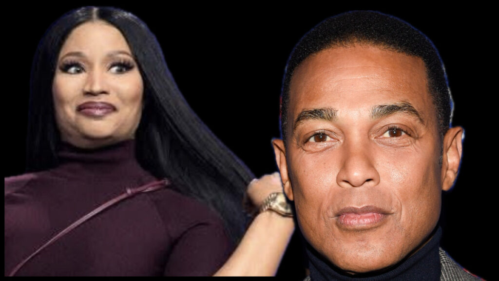 Nicki Minaj reach for Grammy award side-by-side with Don Lemon and protest image