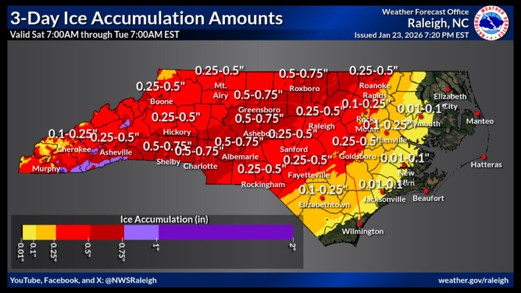 Map showing projected impacts of the North Carolina winter storm this weekend, including areas of expected ice, sleet and snow across the state from Saturday morning through Tuesday morning.