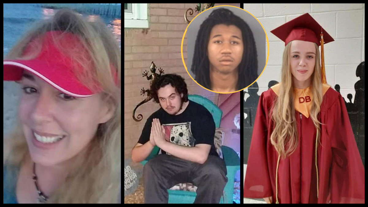 Victims portrait: woman in pink visor, young man, and girl in graduation cap, Fayetteville shooting