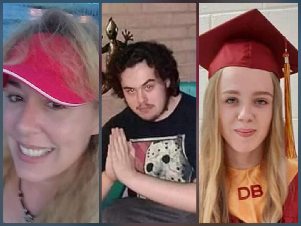 Victim collage showing woman, young man, and girl in graduation cap