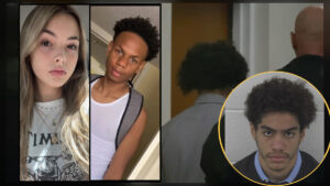 Issiah Ross standing in court between two officers during his verdict hearing for the murder of Devin Clark