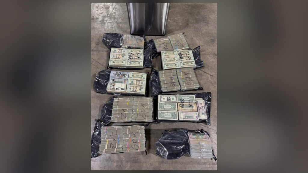 Bundles of seized cash displayed on the floor during a major drug and money laundering investigation