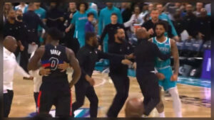 Massive Fight Breaks Out in Hornets vs. Pistons Game at Spectrum Center during a heated third-quarter brawl between players at the Spectrum Center in Charlotte.