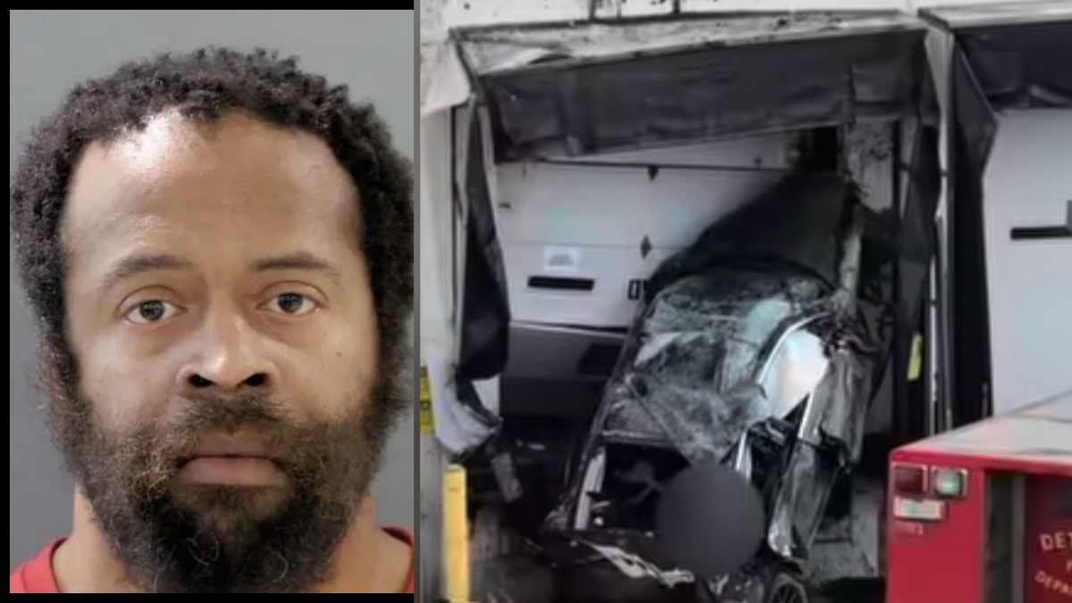 Lyft driver Timothy Blanchard mugshot and Detroit building crash scene