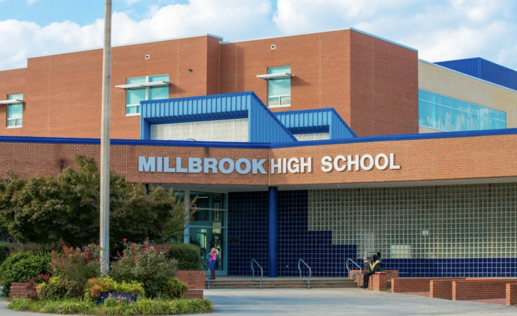 Exterior of Millbrook High School building in Raleigh North Carolina