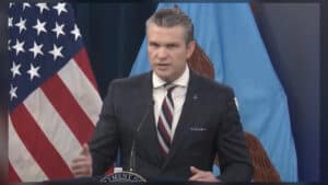 Defense Secretary Pete Hegseth speaks at a press conference regarding fallen U.S. troops in Kuwait