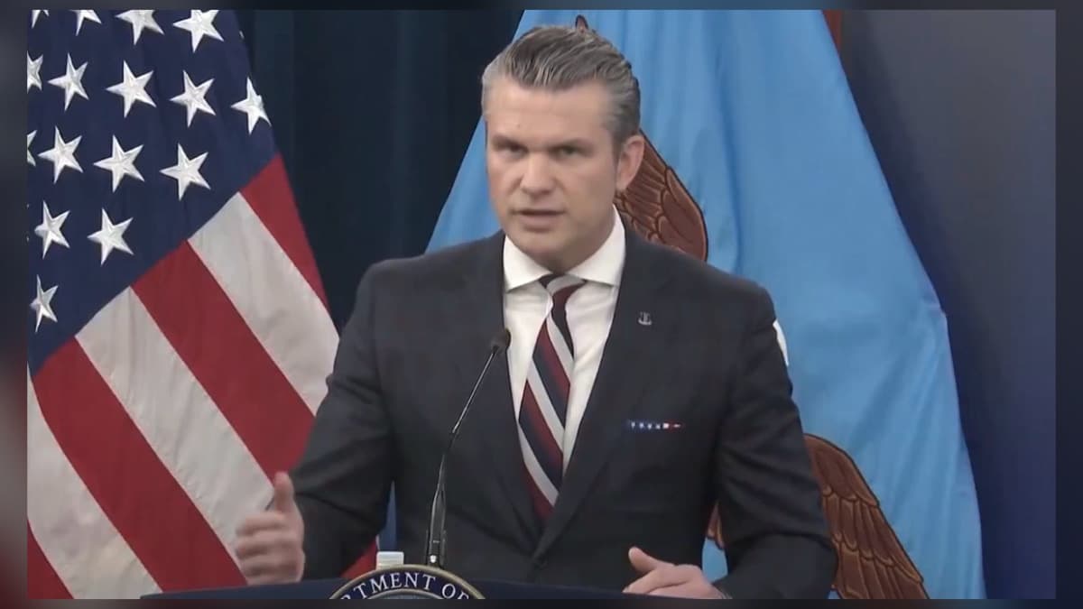 Defense Secretary Pete Hegseth speaks at a press conference regarding fallen U.S. troops in Kuwait