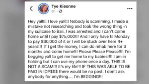 Tye Kieonne Bali viral Facebook plea from Bali jail arrest for marijuana in suitcase