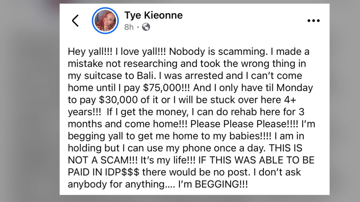 Tye Kieonne Bali viral Facebook plea from Bali jail arrest for marijuana in suitcase