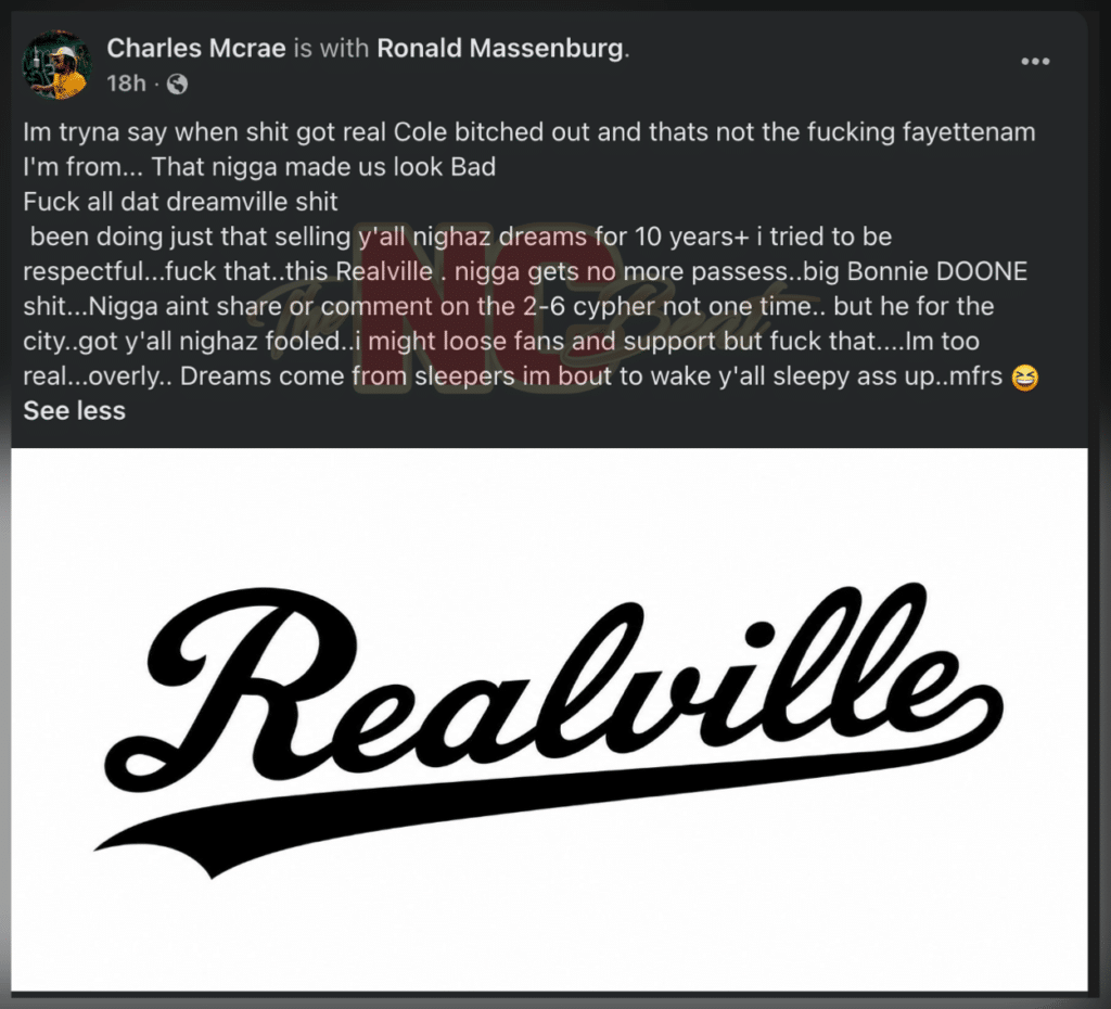 charles mcrae facebook post j cole bitched out realville