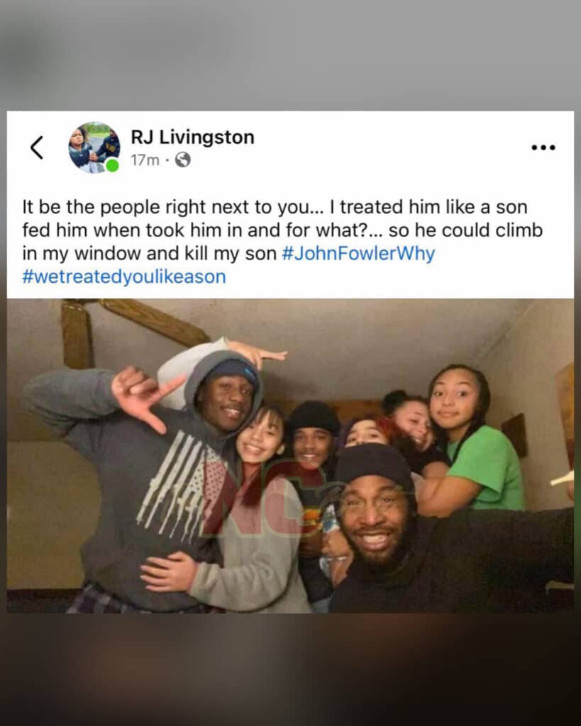 RJ Livingston Facebook post accusing John Claude Fowler Jr of climbing window and killing son Jayden Livingston after treating him like a son Forsyth County shooting