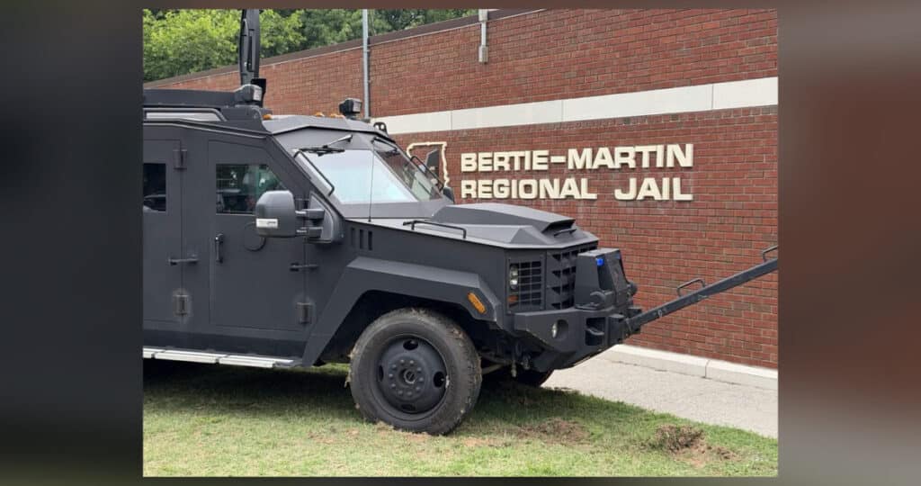 Armored tactical vehicle in front of Bertie-Martin Regional Jail during Bertie-Martin Regional Jail hostage situation