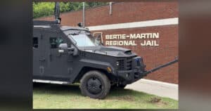 Armored tactical vehicle in front of Bertie-Martin Regional Jail during Bertie-Martin Regional Jail hostage situation
