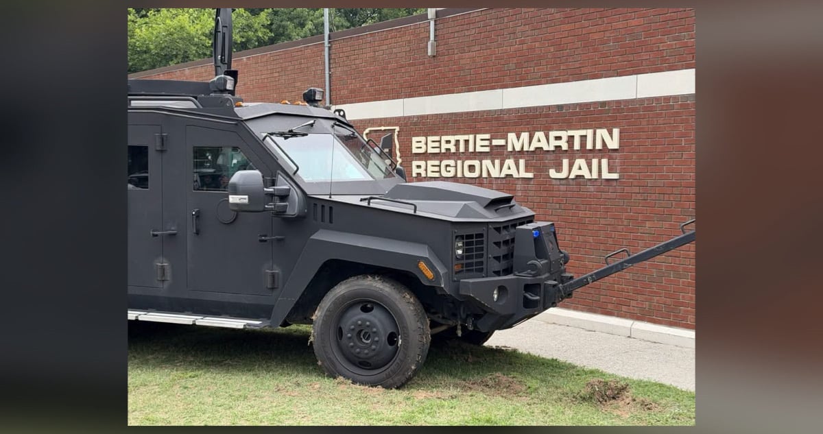 Armored tactical vehicle in front of Bertie-Martin Regional Jail during Bertie-Martin Regional Jail hostage situation