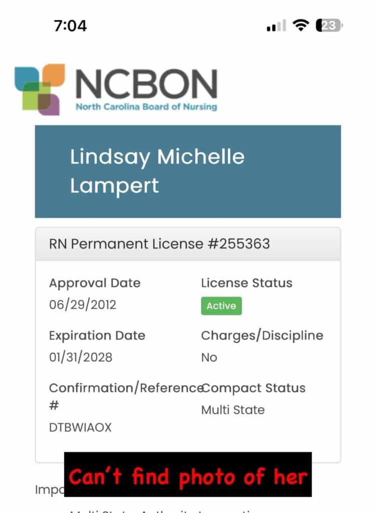 Lindsay Michelle Lampert RN North Carolina nursing license screenshot - mentioned in Shardé Sherrill post about Er’mias Mitchell death