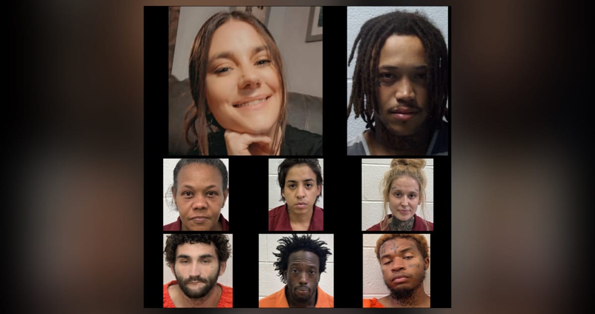 Jordan Elaine Wishon photo with mugshots of Jaydakis Kashaune Hamilton and six others charged in her murder case, Rutherford County Sheriff's Office 2026