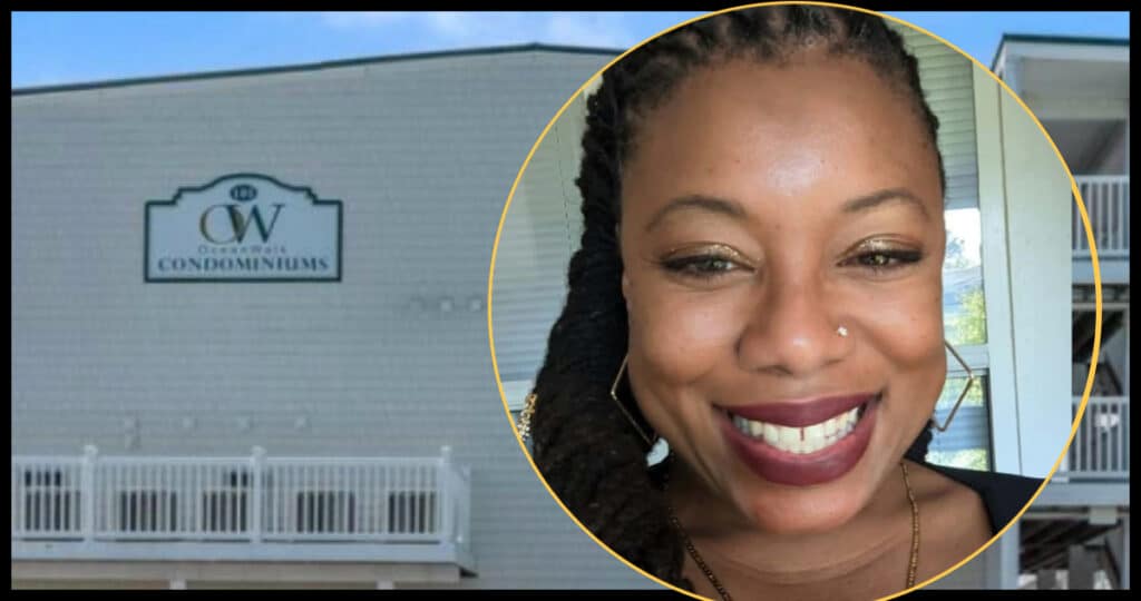 Patrice Jones Bass smiling in front of Ocean Walk Condominiums in Oak Island, NC, where she was found dead on May 17, 2026.