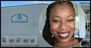 Patrice Jones Bass smiling in front of Ocean Walk Condominiums in Oak Island, NC, where she was found dead on May 17, 2026.