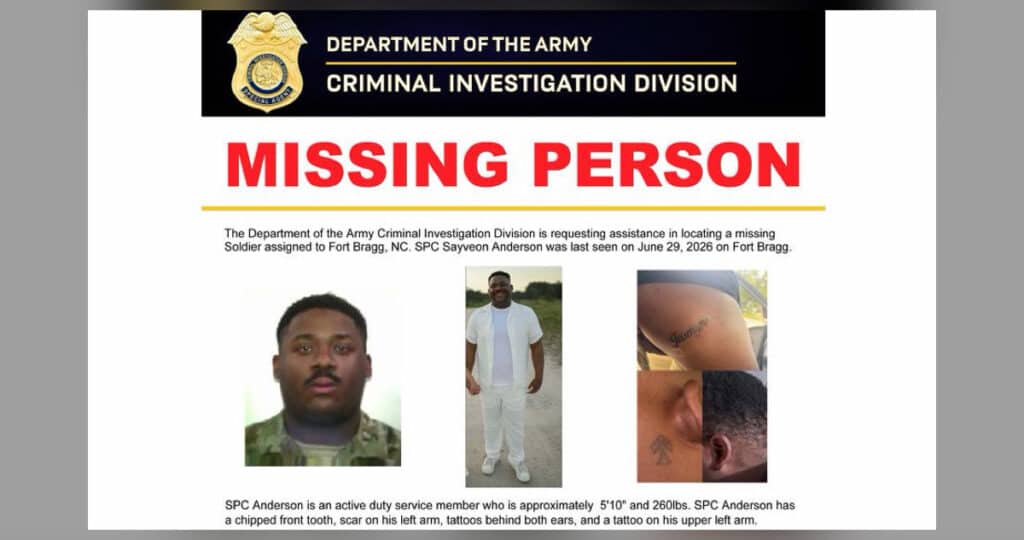 Official U.S. Army CID missing person poster for Spc. Sayveon Anderson Fort Bragg