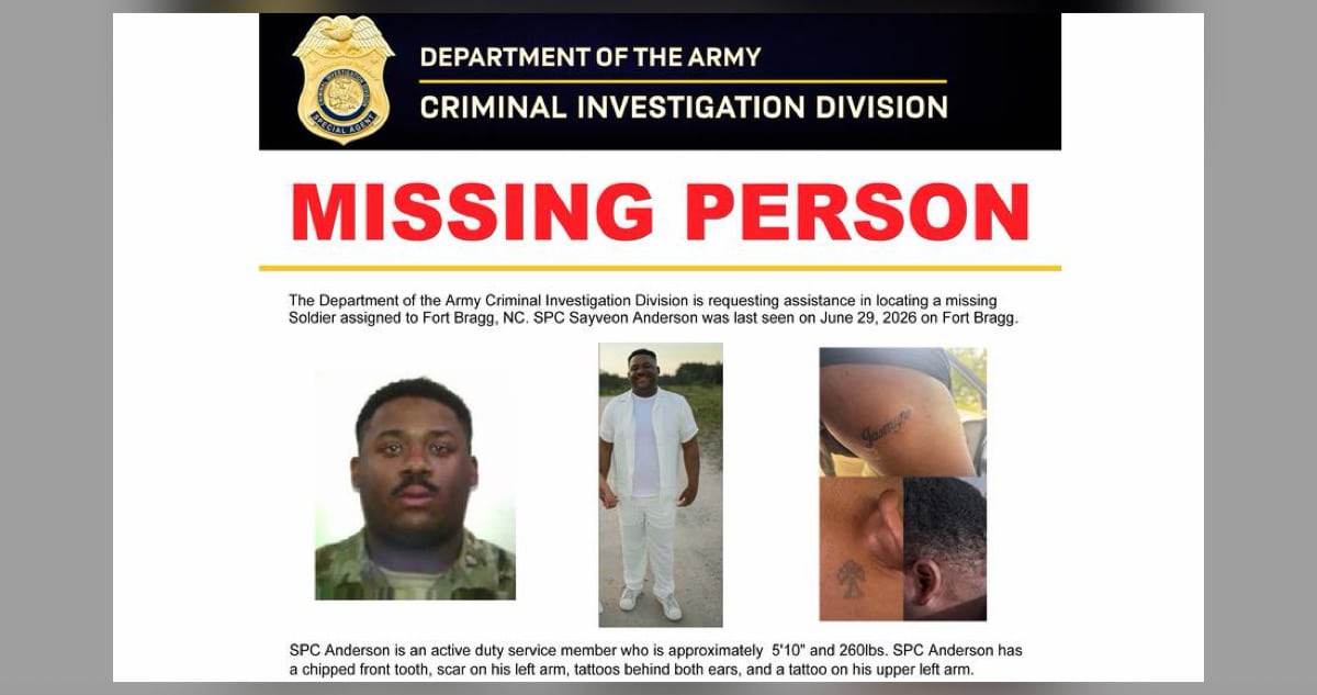 Official U.S. Army CID missing person poster for Spc. Sayveon Anderson Fort Bragg